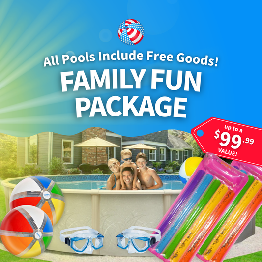 Advertisement for a family fun package with a pool and swimming accessories, featuring a house in the background.