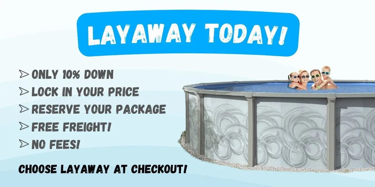 Advertisement for an above ground pools for sale at Pool Nation USA with promotional text about layaway options.