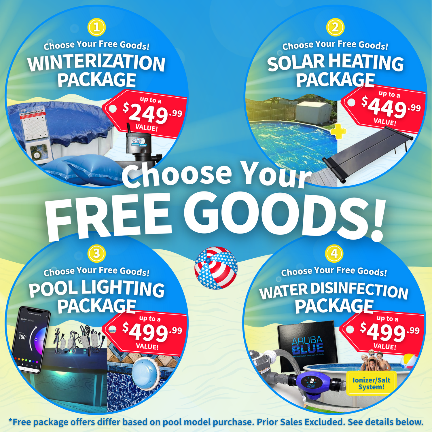 Promotional graphic for pool packages with free goods offers on a blue and green gradient background.