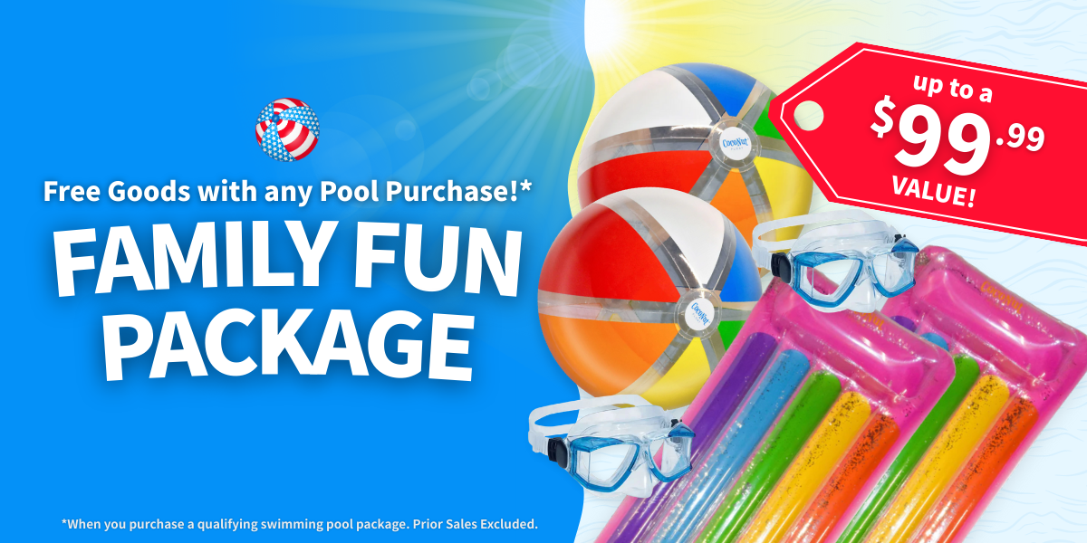 Promotional advertisement for a family fun package with pool toys and goggles on a blue background.