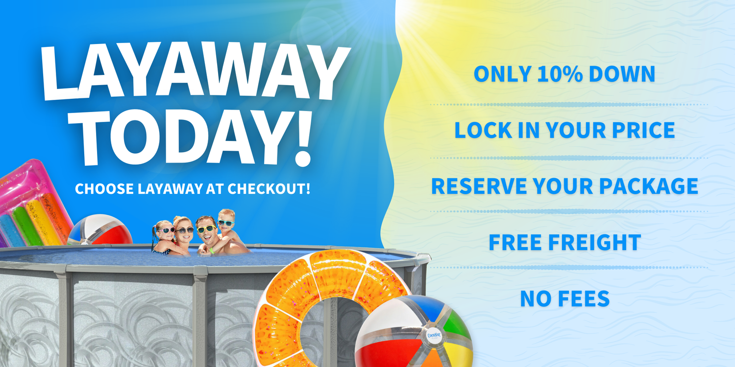 Promotional banner for layaway with pool scene and text about layaway options.