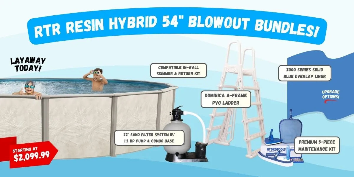 Advertisement for RTR Resin Hybrid 54" blowout bundles with pool components on a blue background.