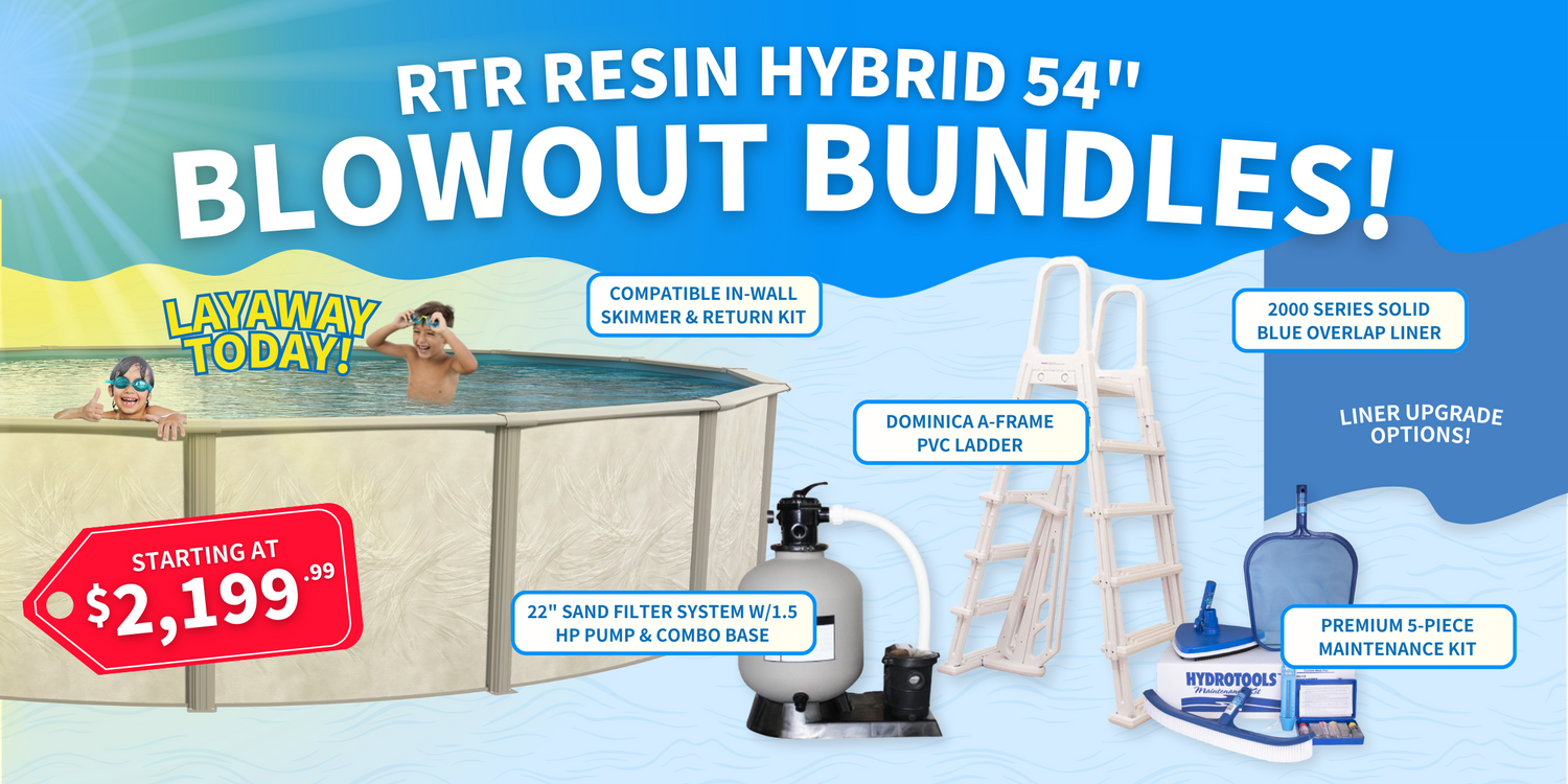 Advertisement for RTR Resin Hybrid 54" blowout bundles with pool equipment and pricing.