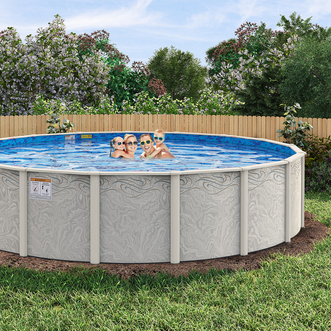27' Round Silver Interlude 8" Premium Resin Frame Saltwater Friendly Semi In-Ground Pool with In-Step & Bundle | 52" or 54"
