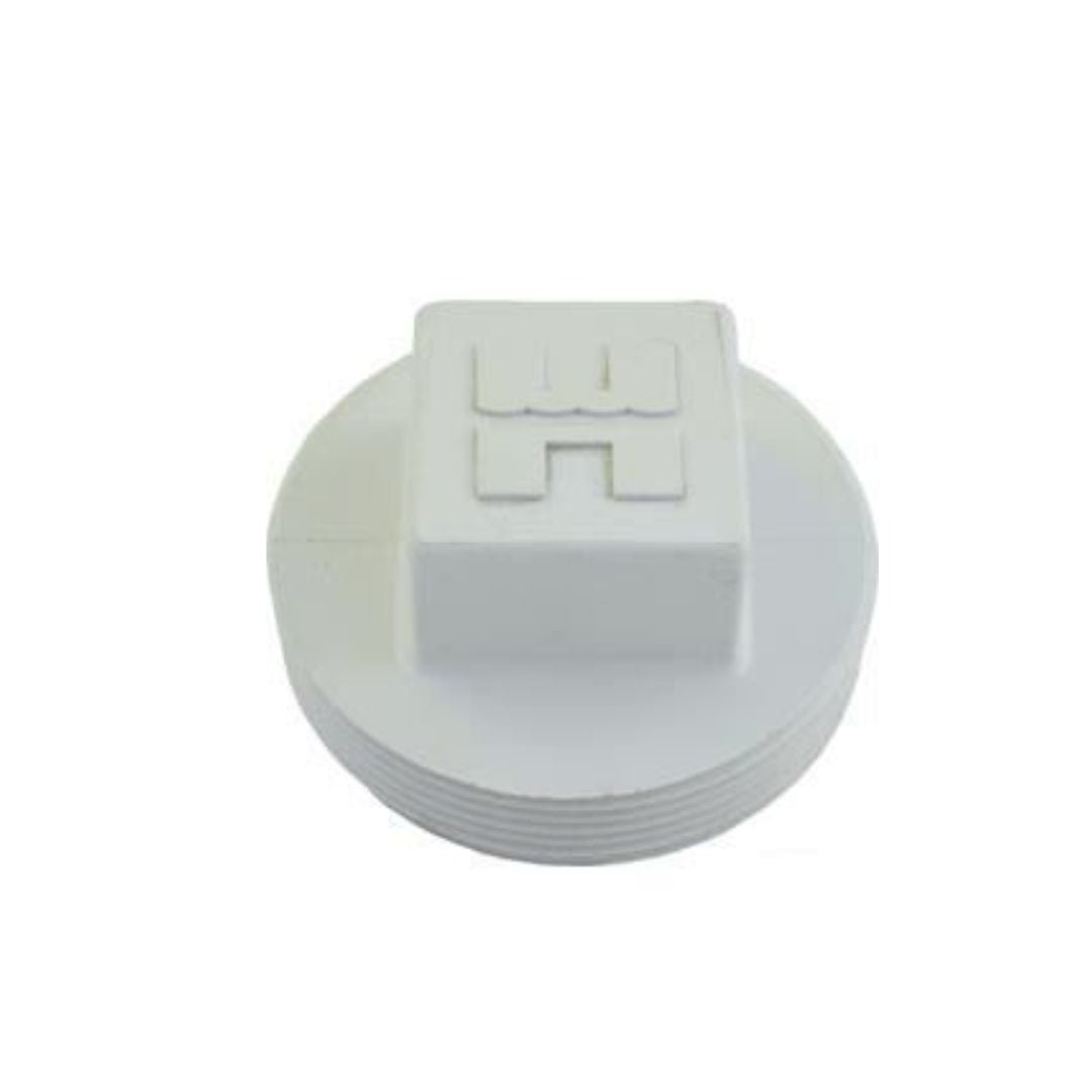 A 2" white plastic pipe plug from Swimming Pool Discounters features a raised square top with an embossed "H," shown from above on a white background—perfect as a replacement for Hayward suction outlet fittings.