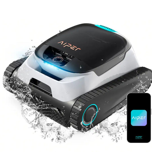 The SPD Scuba N1 Plus cordless robotic pool vacuum glides on tank-like tracks, cleaning as it goes. A smartphone with the Aiper app logo by its side highlights the smart control features of this efficient pool cleaning robot.