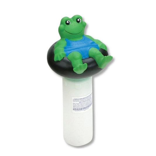 The Large Froggy Chlorine Dispenser by Swimming Pool Discounters features a green frog in a blue swimsuit on a black inner tube atop a white chlorinator, ideal for holding 3" chlorine tablets in your pool.
