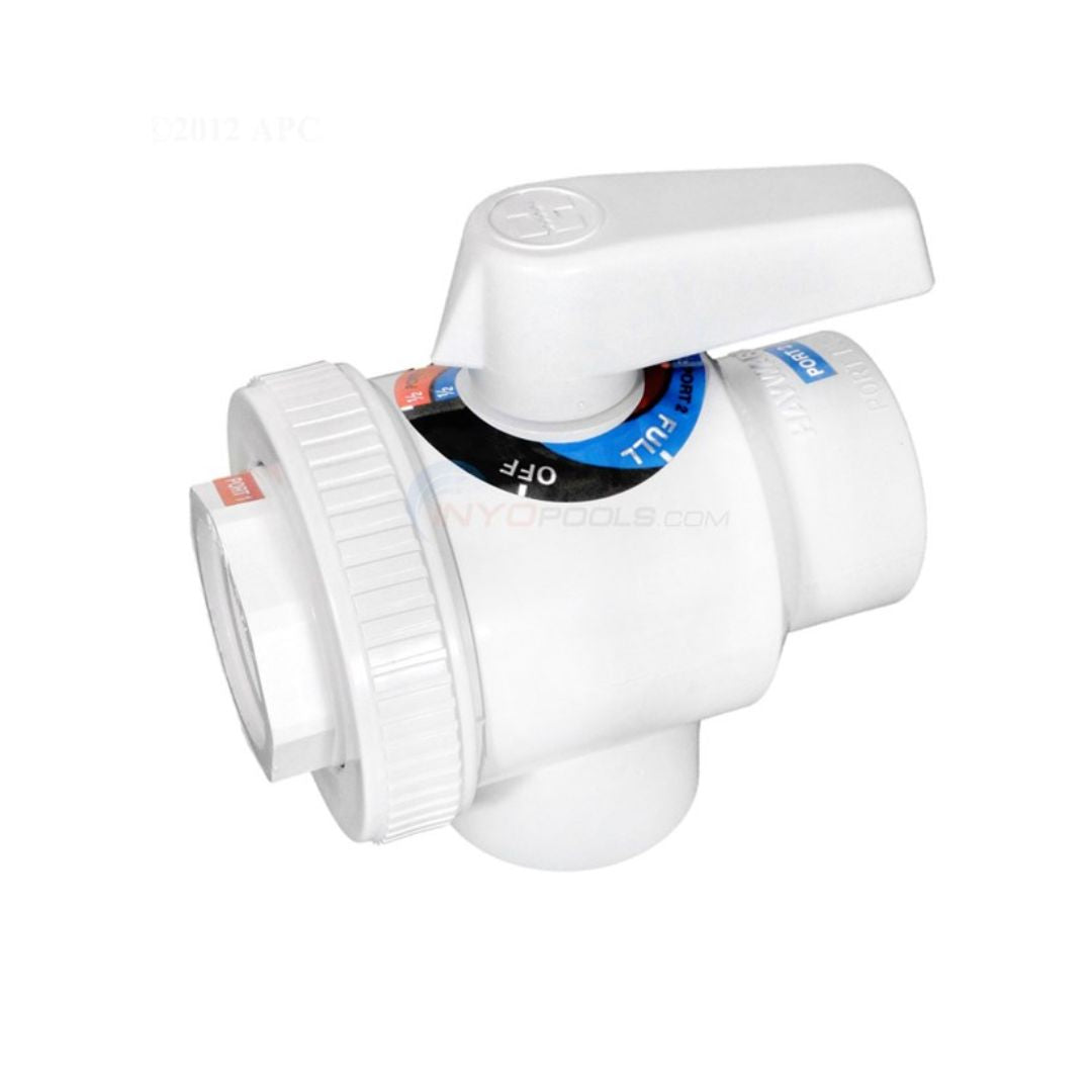 The Hayward 735 Valve by Swimming Pool Discounters is a white PVC 1.5" 4-way pool valve with a large OFF/PULL handle, non-corrosive design, and threaded ends for optimal flow in pool plumbing systems.