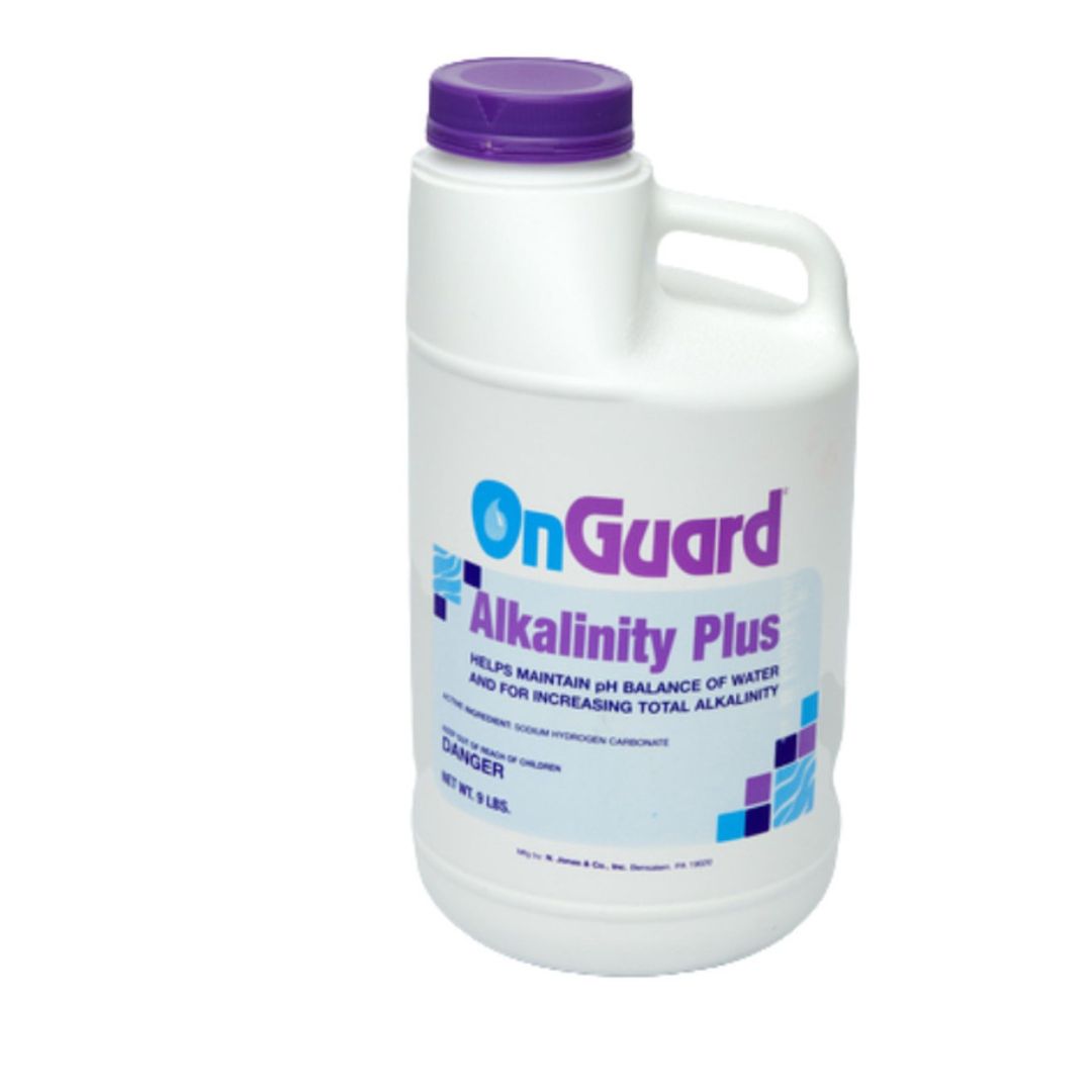 Large white container with a purple cap labeled SPD On Guard Total A Increaser, used to raise total alkalinity in swimming pool water and help maintain pH balance. The container holds 5 lbs of product.