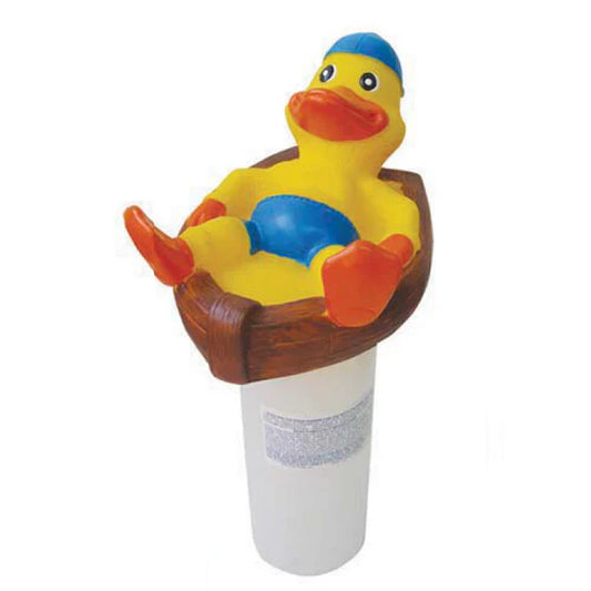 The Large Ducky Chlorine Dispenser by Swimming Pool Discounters features a yellow duck in blue trunks and cap on a brown boat, providing fun pool care with adjustable chlorine flow.