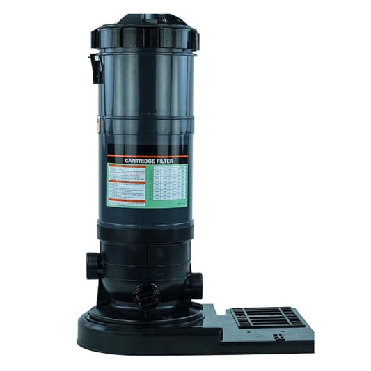 The 150 Sq Ft Black Diamond Cartridge Filter w Base from Swimming Pool Discounters is a black cylindrical filter with connection ports for hoses, standing vertically on its universal base, and features a label with specs and instructions.