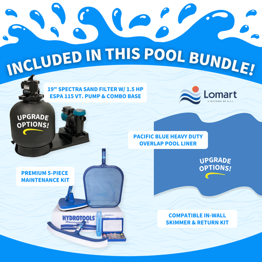 Pool bundle with Lomart pool filter and liner on a blue and white background