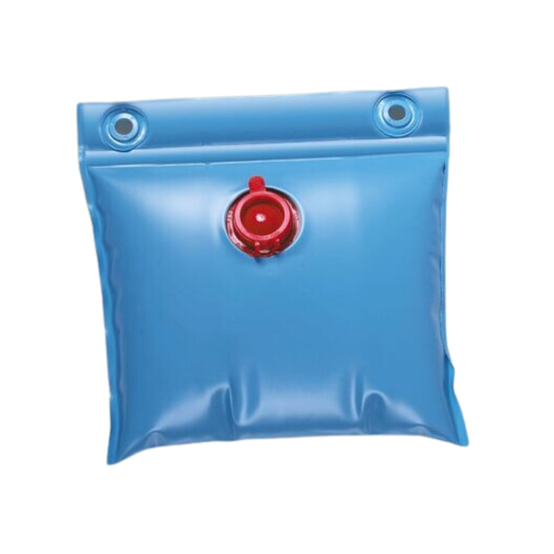 The SPD Above Ground Wall Water Bag is a blue collapsible heavy-gauge vinyl container with a red screw cap and two top holes for hanging or carrying—perfect for pool wall and winter cover protection.