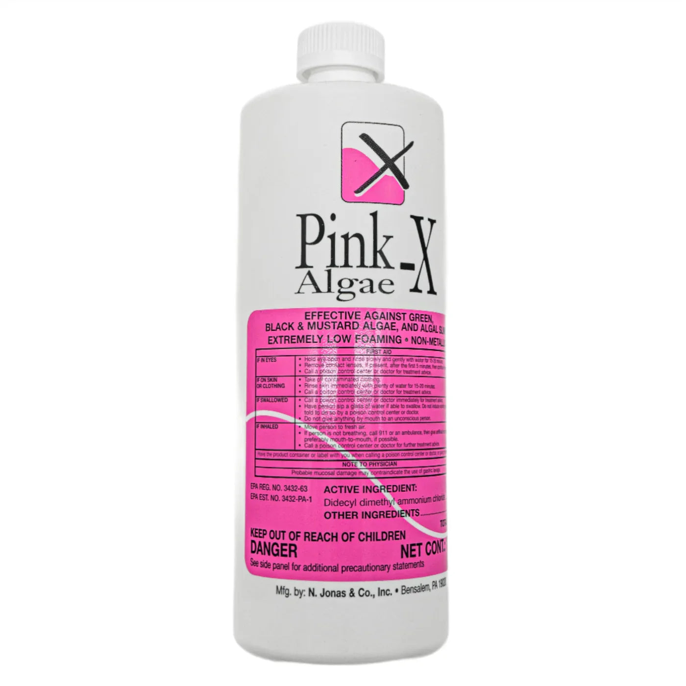 A white bottle of SPD Pink-X Algicide with a pink label showing warnings, instructions, and a crossed-out algae symbol has a white cap and is marked as dangerous.