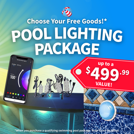 Promotional advertisement for a pool lighting package with smartphone app and product display.