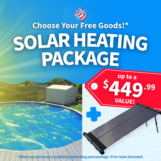 Advertisement for solar heating package with pool and text on a blue background