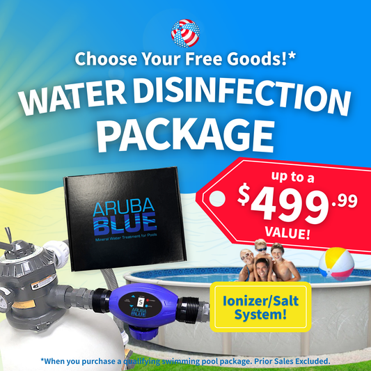 Advertisement for a water disinfection package with pool equipment and promotional text.
