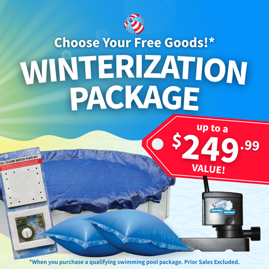 Advertisement for a winterization package with pool cover and equipment on a blue background.