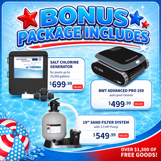 Promotional graphic for pool maintenance products with text and images of salt chlorine generator, BWT Advanced Pro 250 cleaner, and sand filter system.