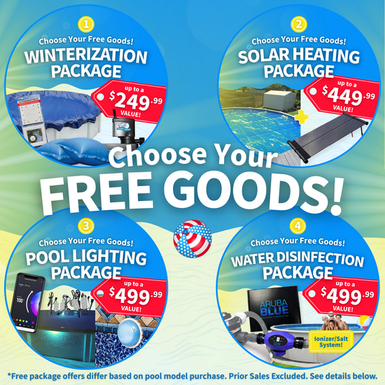 Promotional graphic for pool packages with free goods offers on a blue and green gradient background.