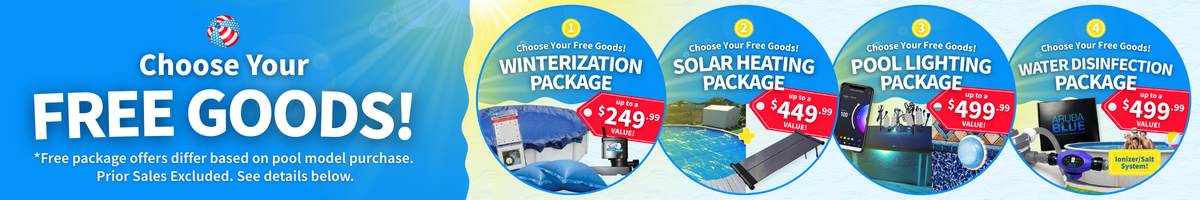 Promotional banner with free goods offer for swimming pool packages.
