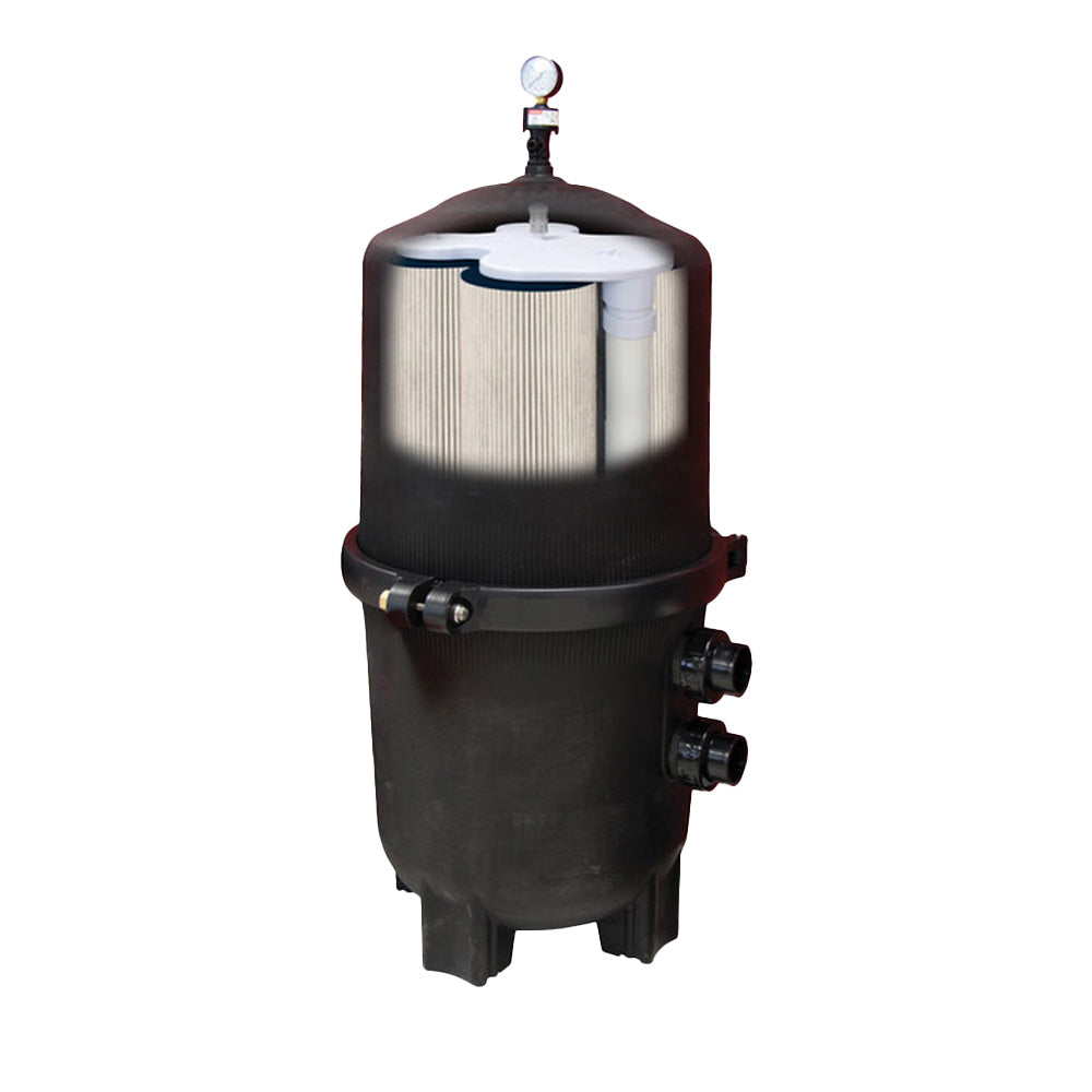 The SPD 525 Sq. Ft. Black Diamond Pressure Cartridge Filter Tank stands upright against a white background, featuring visible internal Reemay cartridge filters, a top pressure gauge, and multiple side pipe connections.