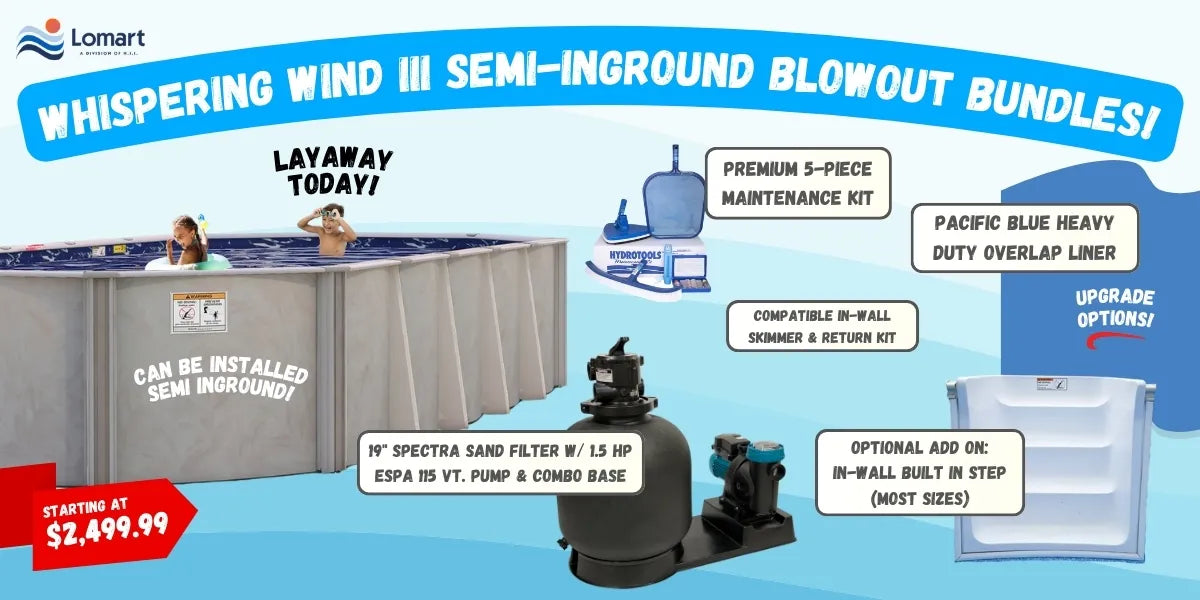 Advertisement for Lomart Whispering Wind III semi-inground blowout pool with various features highlighted.