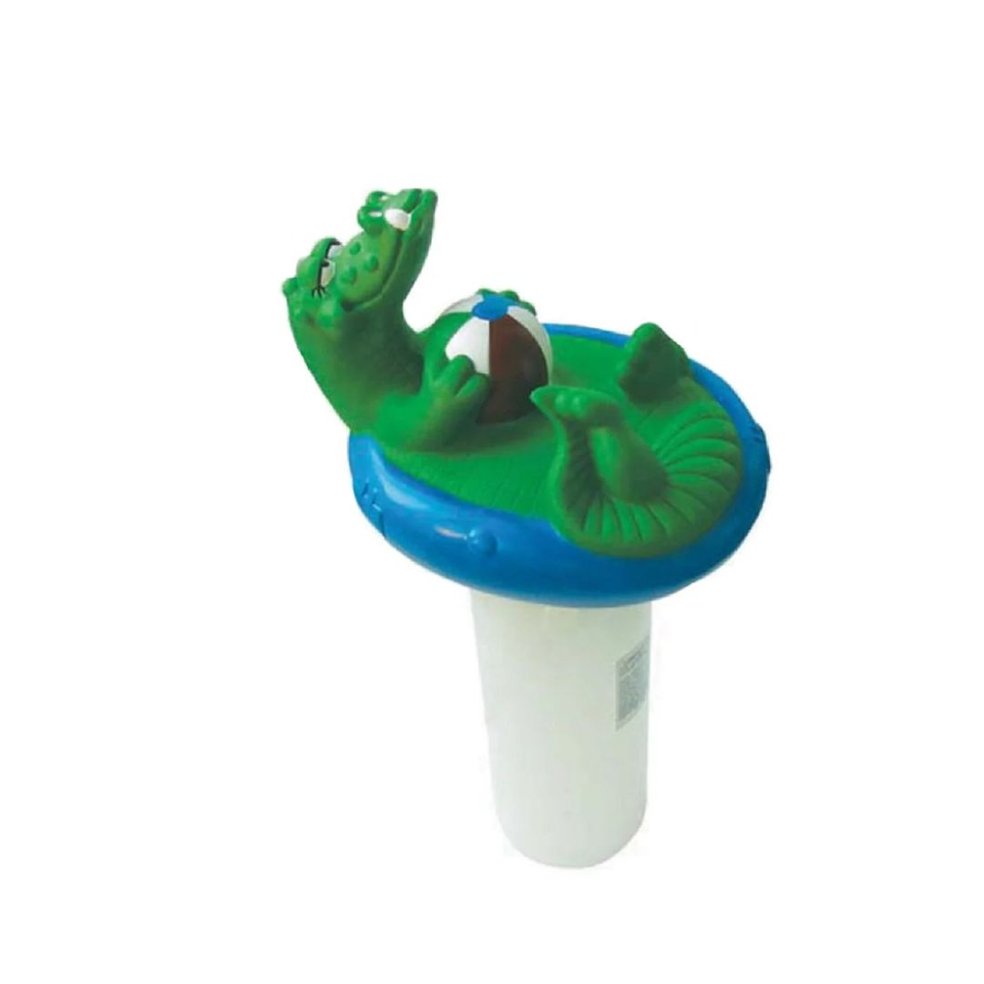 The Swimming Pool Discounters Large Alligator Chlorine Dispenser features a green alligator pool toy with a beach ball on a blue float and white base, dispensing 1" or 3" tablets with adjustable flow, shown on a white background.