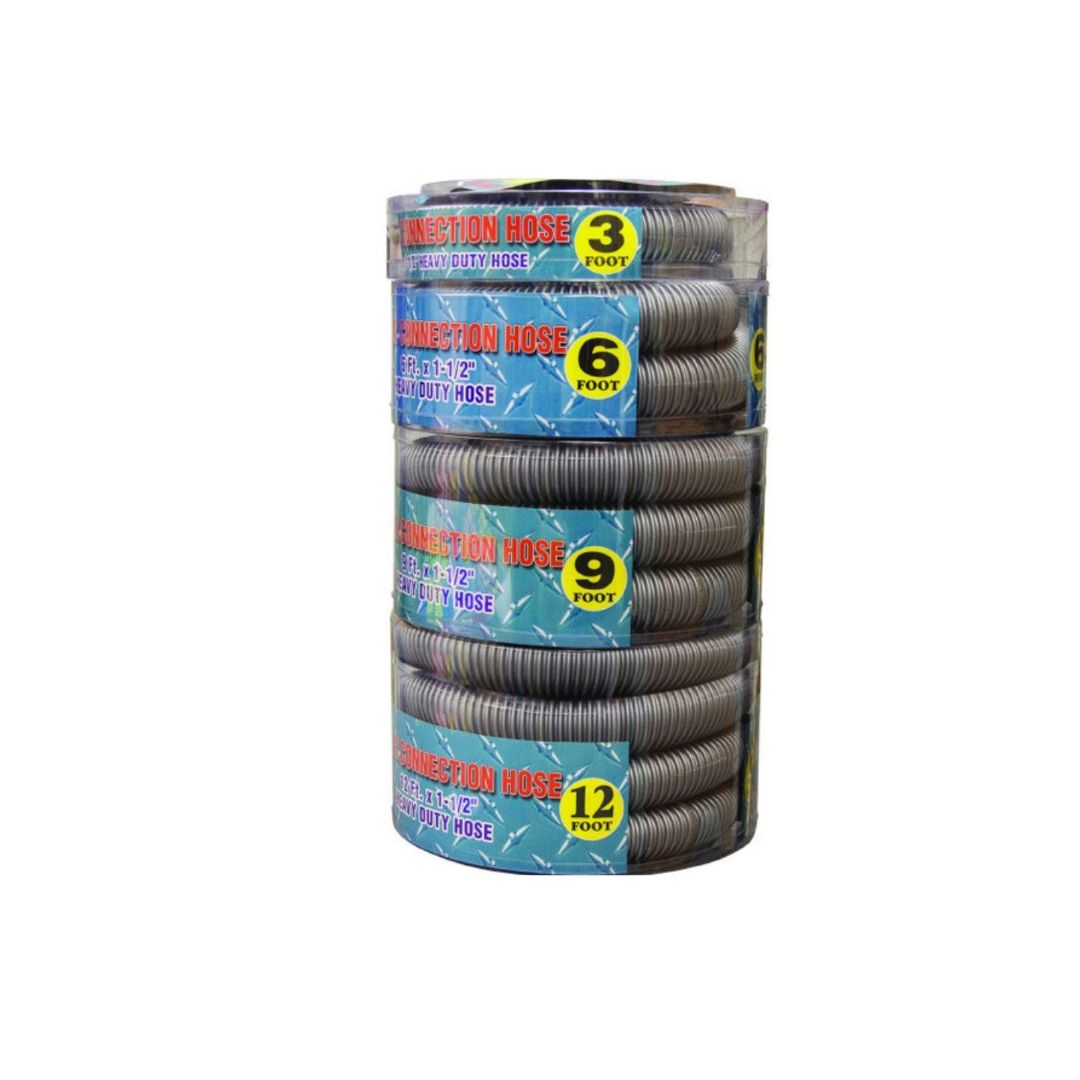 Four Flexible Pool Filter Connection Hoses by Swimming Pool Discounters, each 1.5" in diameter and measuring 3, 6, 9, or 12 feet (shown in yellow circles), are coiled together against a white background.