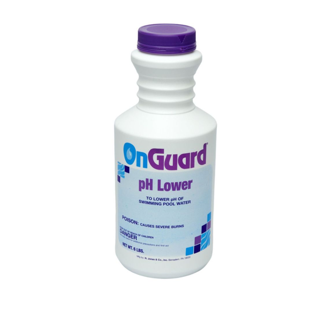 A white plastic bottle with a purple cap labeled SPD On Guard pH Minus, used to lower pool alkalinity and reduce pH in swimming pools. The label features caution warnings and usage directions.