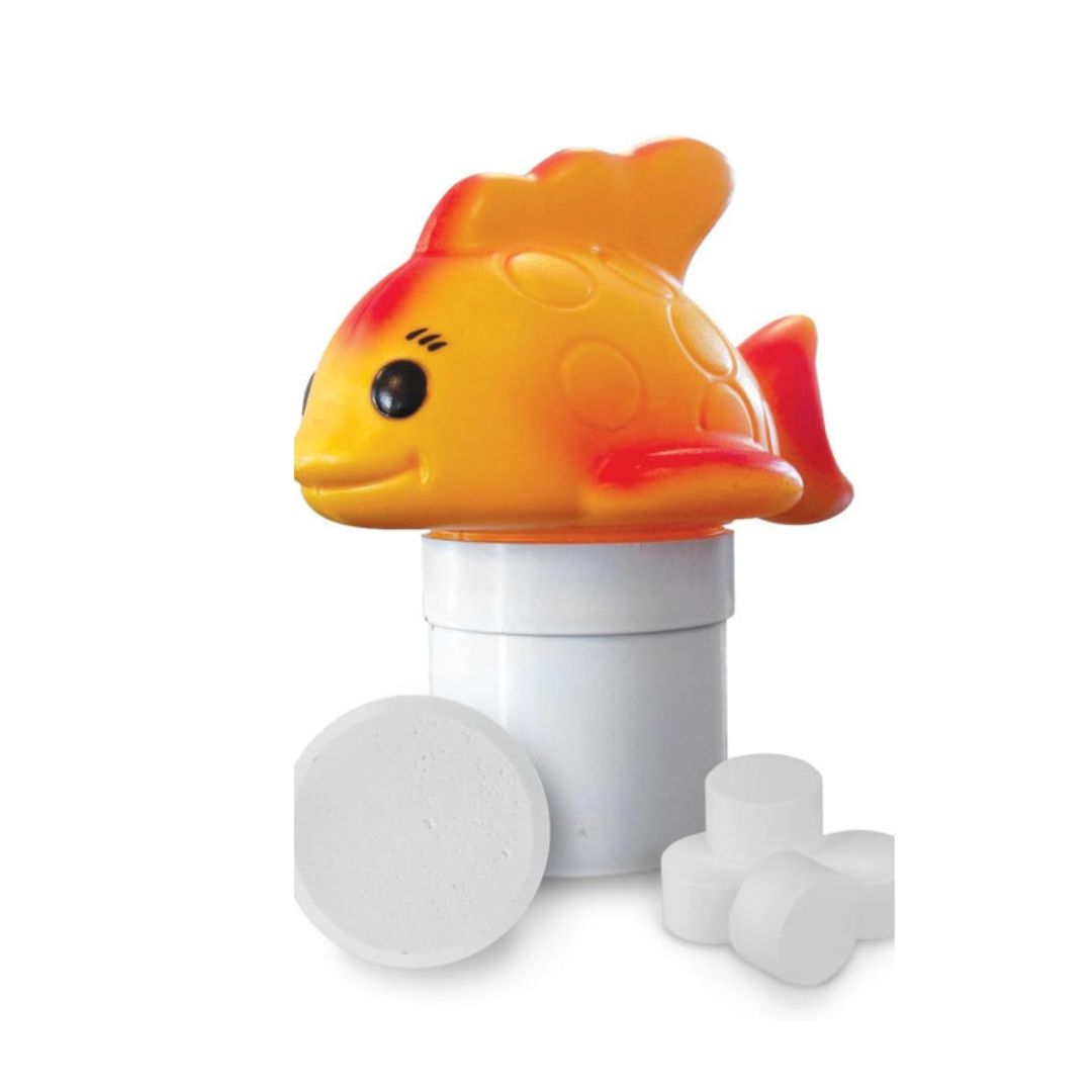 The Goldy Floating Chlorinator by Swimming Pool Discounters, featuring a fish-shaped yellow and orange lid, is shown with several round white chlorine tablets beside it, all set against a white background.
