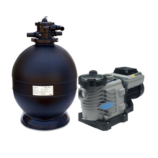 The SPD 20 in. Spectra Sand Filter with 2.0 HP Variable Speed Pump features a black, round polyethylene tank and gray-and-black pump for efficient pool filtration, all set against a white background.