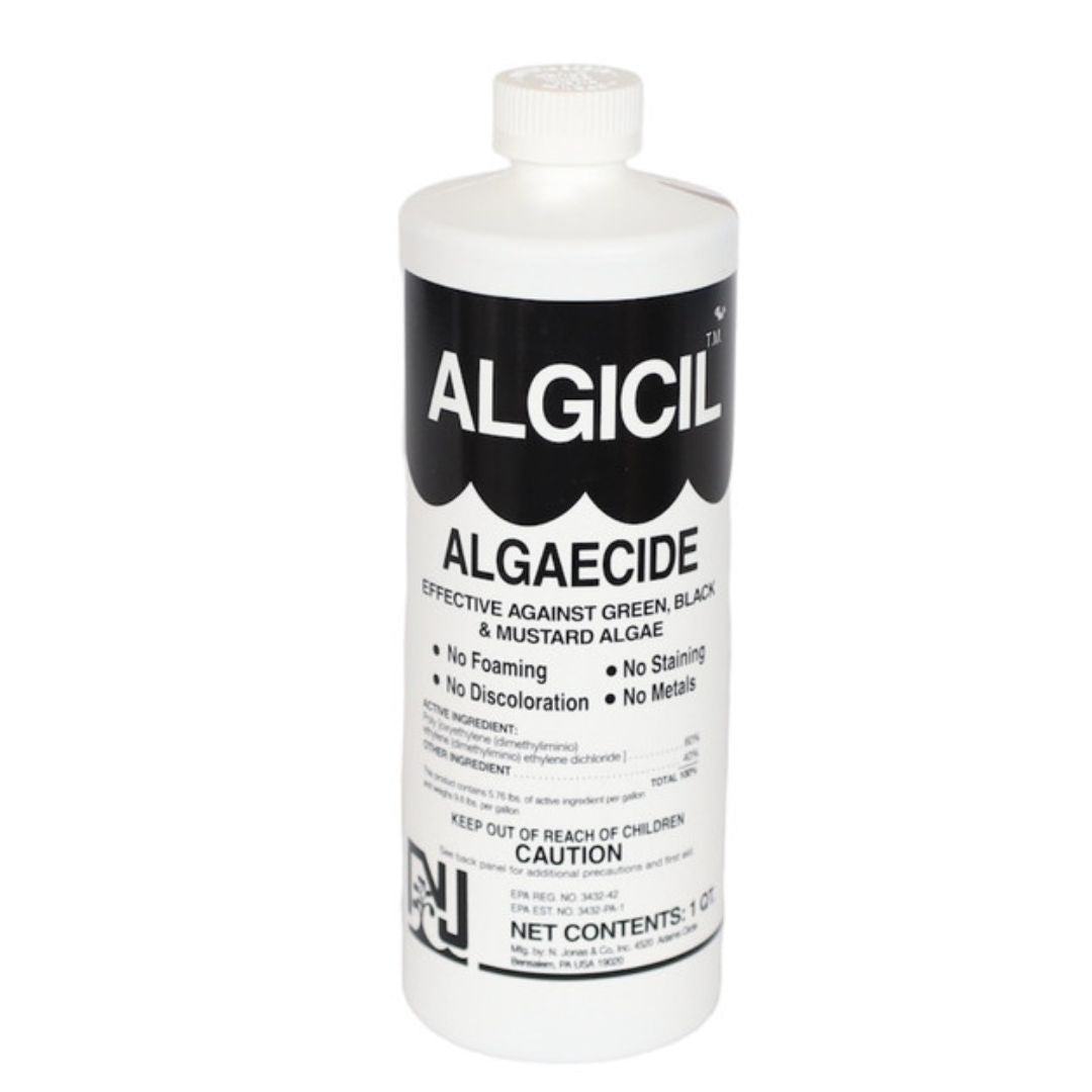 A white bottle labeled SPD Algaecide 60 with black text promotes pool algae control, featuring a non-foaming algaecide formula and assuring no staining, discoloration, or metals.