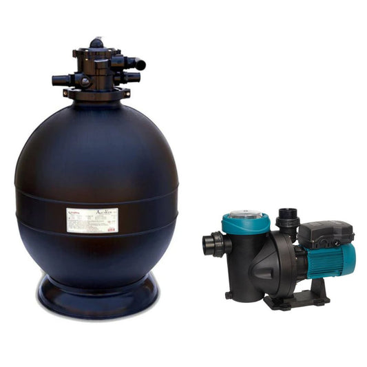 A 20 in. SPD Spectra Sand Filter System with a 1.5Hp Silen1 Pump features a black round filter tank with multiport valve and a matching black and teal pump, both shown against a plain white background.