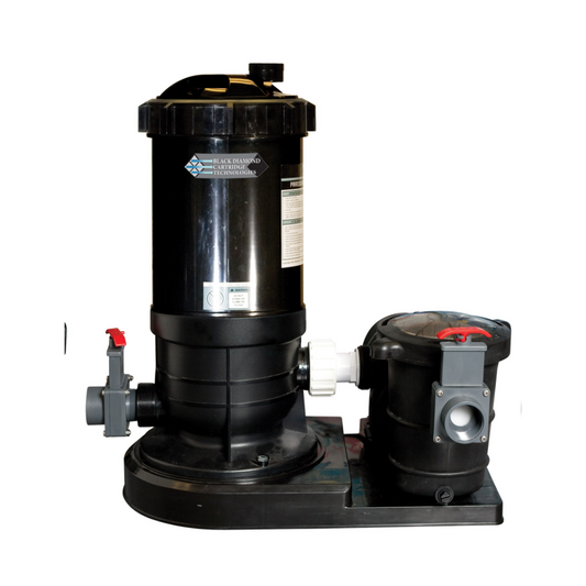 The SPD 150 sq. ft. Black Diamond Cartridge Filter System features a black, high-powered design with a 2-speed 1.5 HP Energy Saver Pump, cylindrical and box-shaped components, red-handled valves, and pipe connections on a white background.