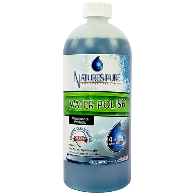 A 1 qt bottle of Swimming Pool Discounters’ Natures Pure Water Polish features blue liquid and a label promoting it as a 4-in-1 pool water clarifier that removes oils, metals, and organic matter for crystal clear water.