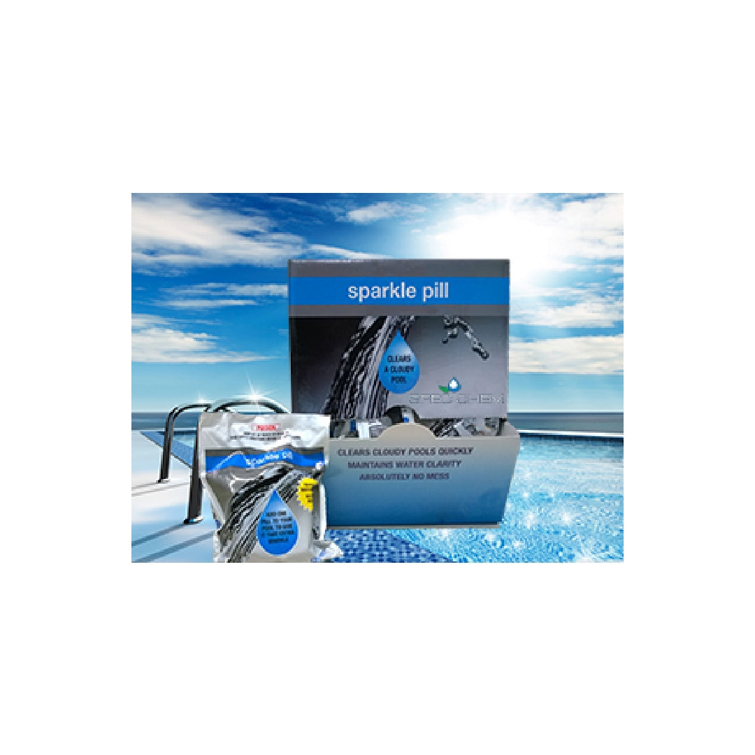 A box labeled SPD Sparkle Pill and a packet sit by a clear blue pool with a ladder under a bright, cloudy sky. The packaging highlights fast water clarity using SPD's biodegradable Sparkle Pill pool cleaner for cloudy pools.