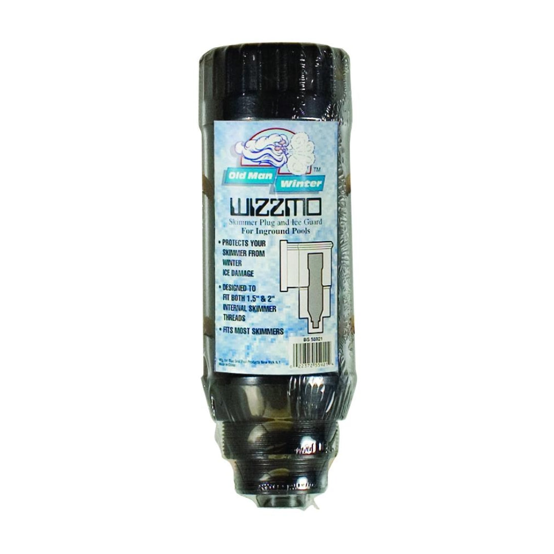 A black, cylindrical SPD Wizzmo Skimmer Plug & Ice Guard for winter pool skimmer protection, wrapped in clear plastic with a label displaying product details and usage illustrations.