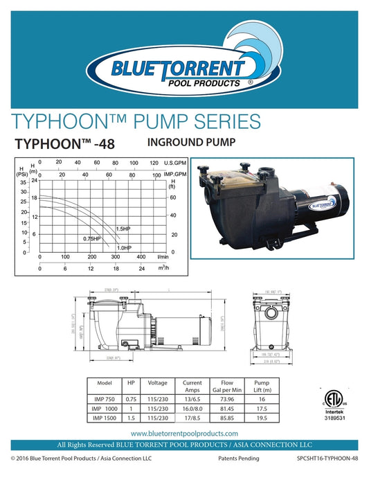 1.5 HP Blue Torrent Typhoon In-Ground Pool Pump (Super Pump Replacement)